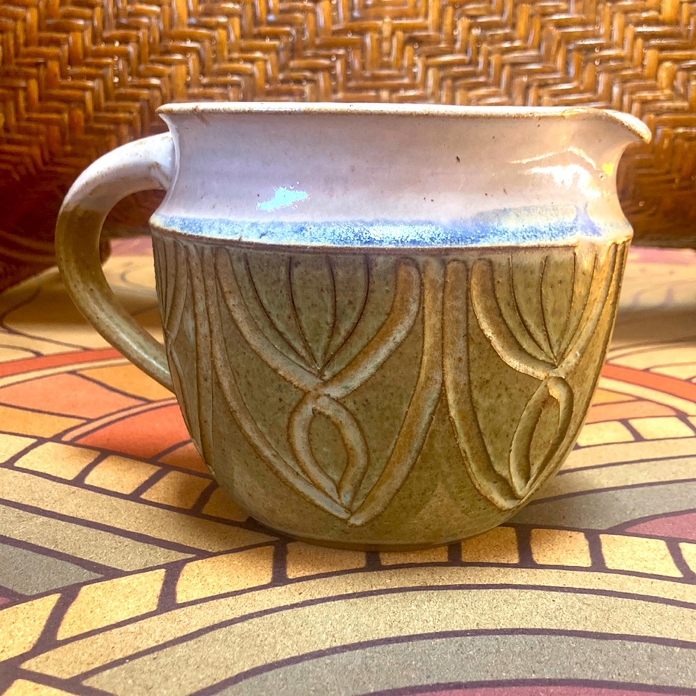 Ceramic pitcher mixing bowl stoneware handmade Celtic carved pot